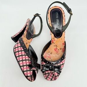 Miu Miu Vintage Pink Black Plaid bow patent leather trim slingback heels EU 36.5